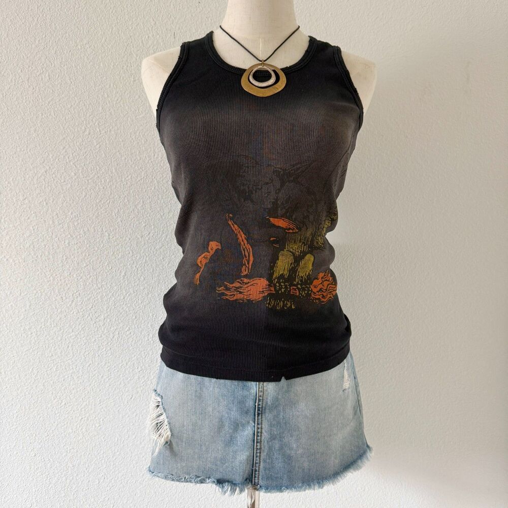 Y2K Faded Black Distressed Tank Top w/ Angel Graphic Whimsygoth Fairy Boho S/M